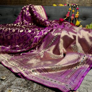 Orchid Wine Satin Silk Saree with Khaddi Jaal Motifs, Mirror & Crystal Work