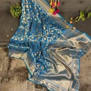 Aqua Blue Satin Silk Saree
