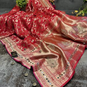 Scarlet Red Satin Silk Saree with Khaddi Jaal Motifs, Mirror, Glass & Crystal Work