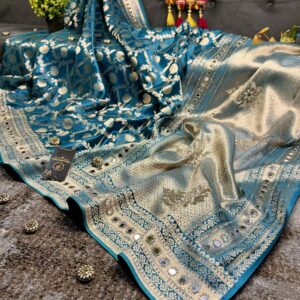 Topaz Blue Satin Silk Saree with Khaddi Jaal Motifs, Mirror, Glass & Crystal Work