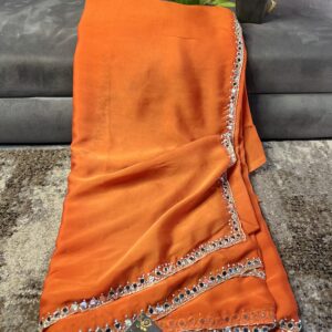 Elegant Red Orange Saree With Handwork Border