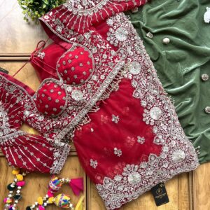 Royal Red Designer Net Saree with Golden Zari, Sequins & Crystal Work