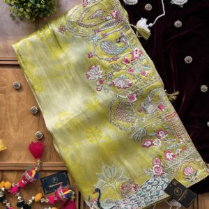 Lime Green Cosmos Self Partywear Saree with Peacock, Minar, Motifs, Heavy Resham, Zari & Crystal Work