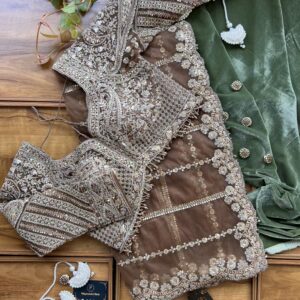 Deep Bronze Net Saree With Stitched Blouse