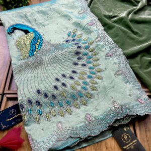 Sea Green Tissue Saree with Resham Peacock Pallu