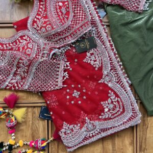 Red Net Saree with Mirror, Crystal, Resham & Sequins Work