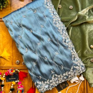 Cyan Blue Organza Net Handcrafted Saree