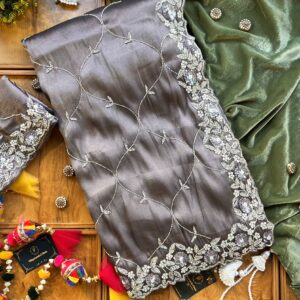 Mouse Grey Organza Net Handcrafted Saree