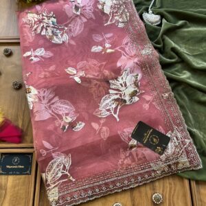 Raspberry Tissue Saree with Foil Print & Cutbeads Crystal Border