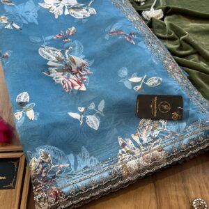 Ocean Blue Tissue Saree with Foil Print & Cutbeads Crystal Border