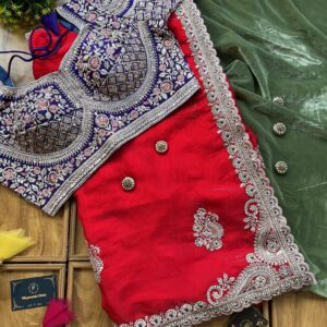 Red Fendi Silk Saree with Stitched Blouse