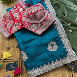 Teal Blue Fendi Silk Saree With Stitched Blouse