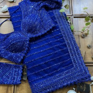 Electric Blue Net Handcrafted Saree With Stitched Blouse
