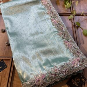 Sea Green Banarasi Silk Saree with Handcrafted Border