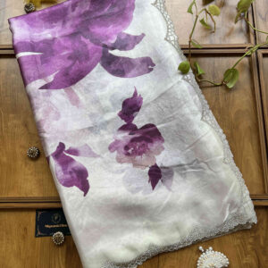 Ivory Fendi Silk Border Saree with Wine Floral Print