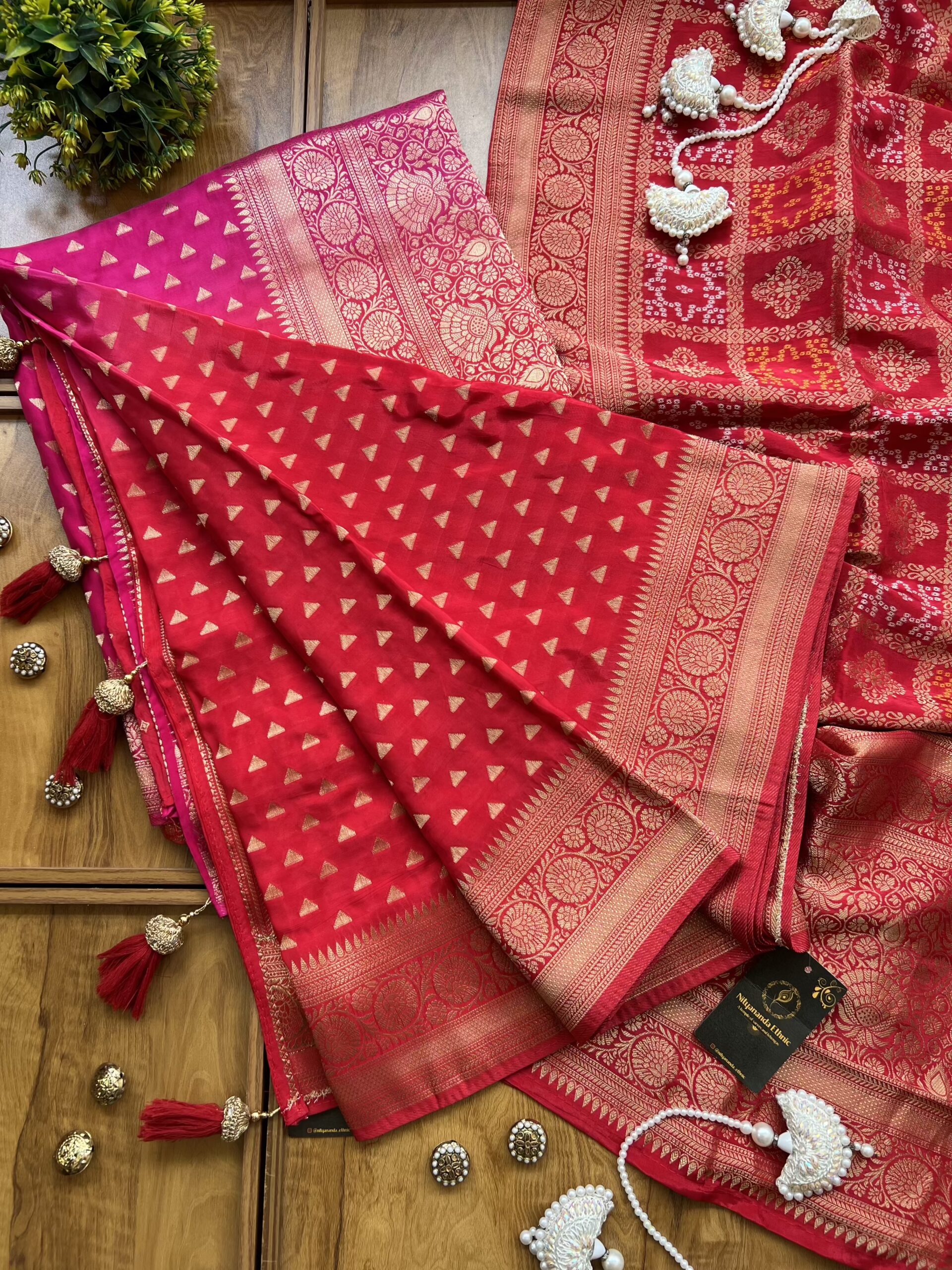 Red Rani Ombre HO Silk Saree with Bandhani Dupatta - Image 8