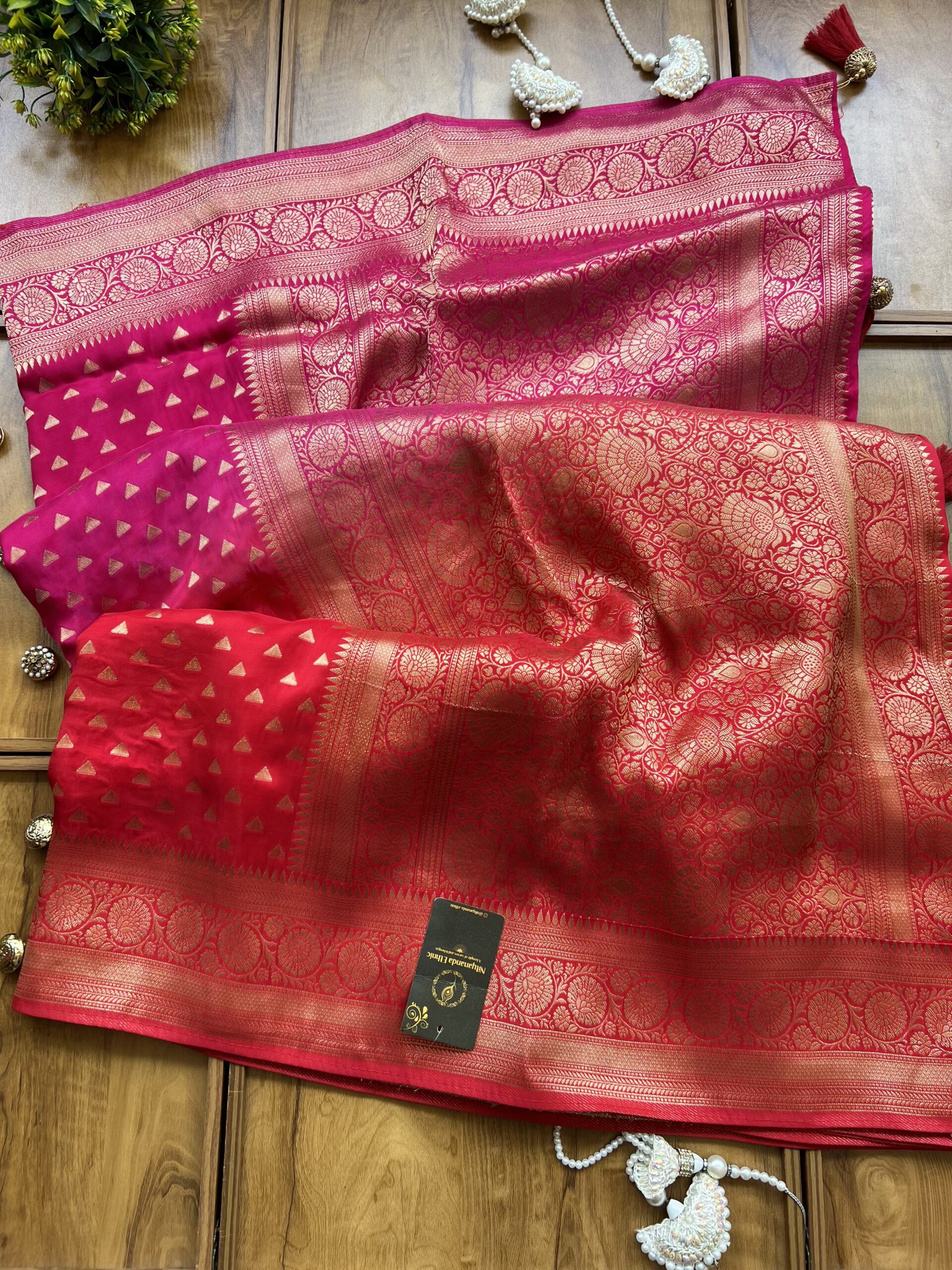 Red Rani Ombre HO Silk Saree with Bandhani Dupatta - Image 7
