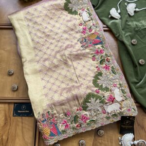 Baby Pink Gold Tone Pure Silk Saree With Vrindavan Scene Artwork