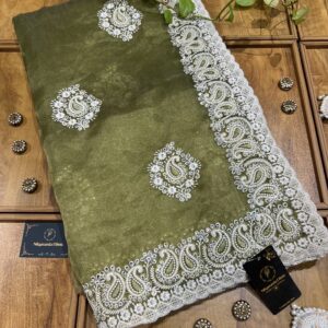 Olive Green Organza Chikankari Saree