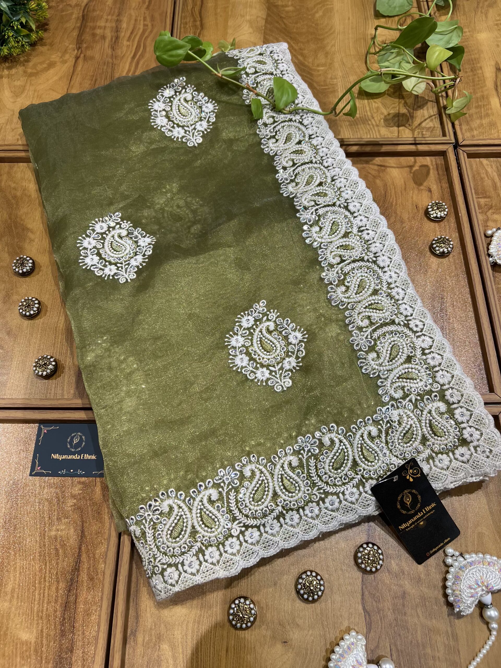 Olive Green Organza Chikankari Saree