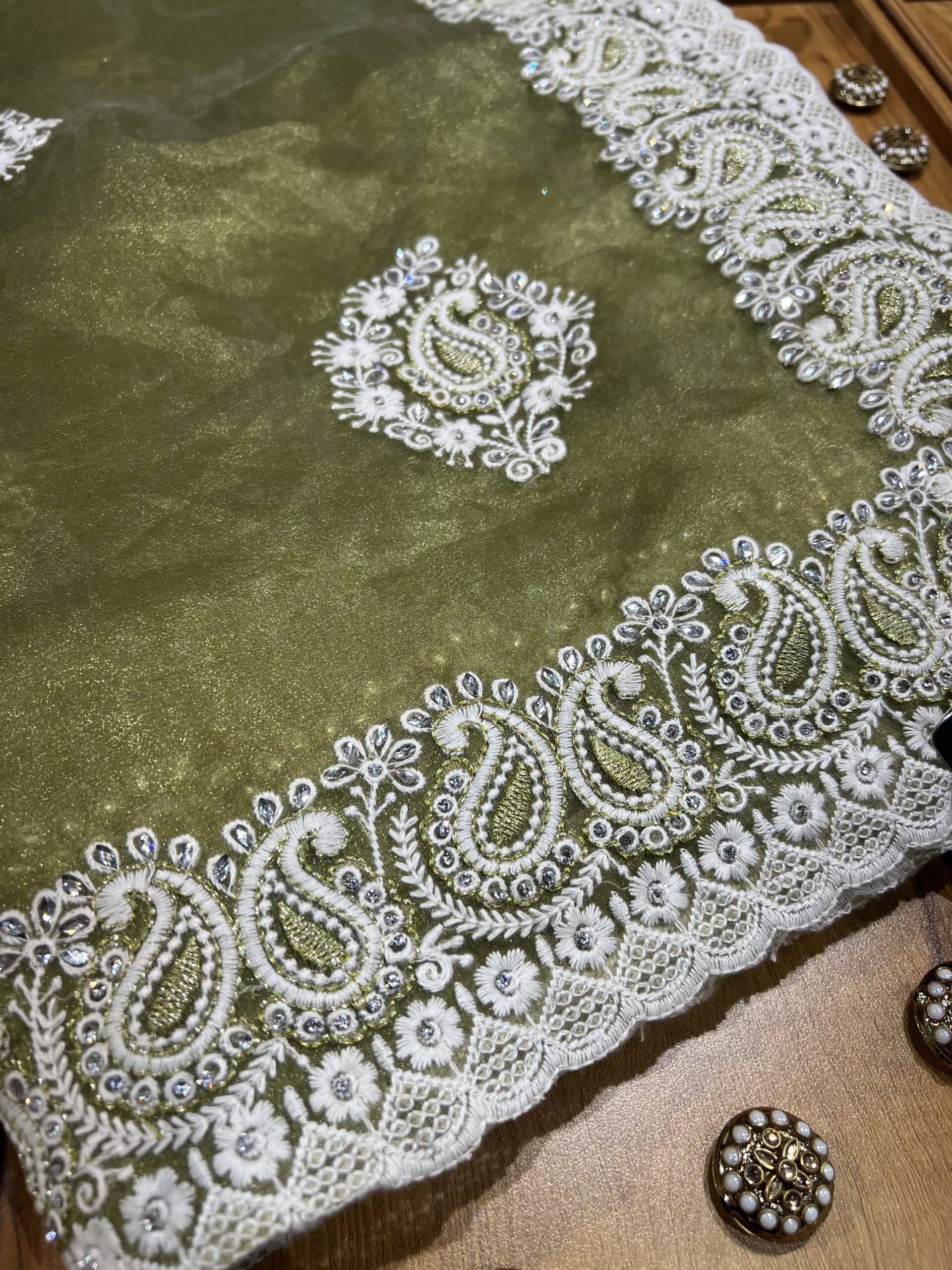 Olive Green Organza Chikankari Saree - Image 2