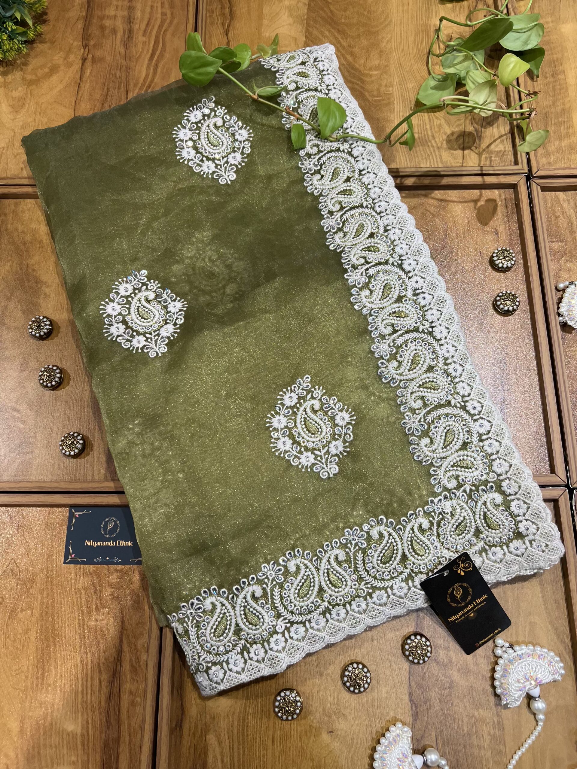 Olive Green Organza Chikankari Saree - Image 7
