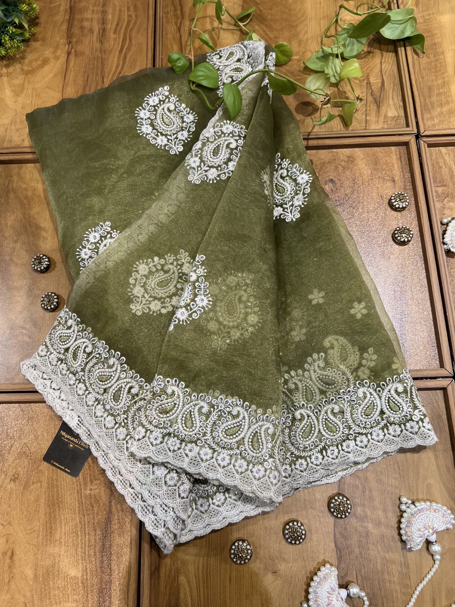 Olive Green Organza Chikankari Saree - Image 3