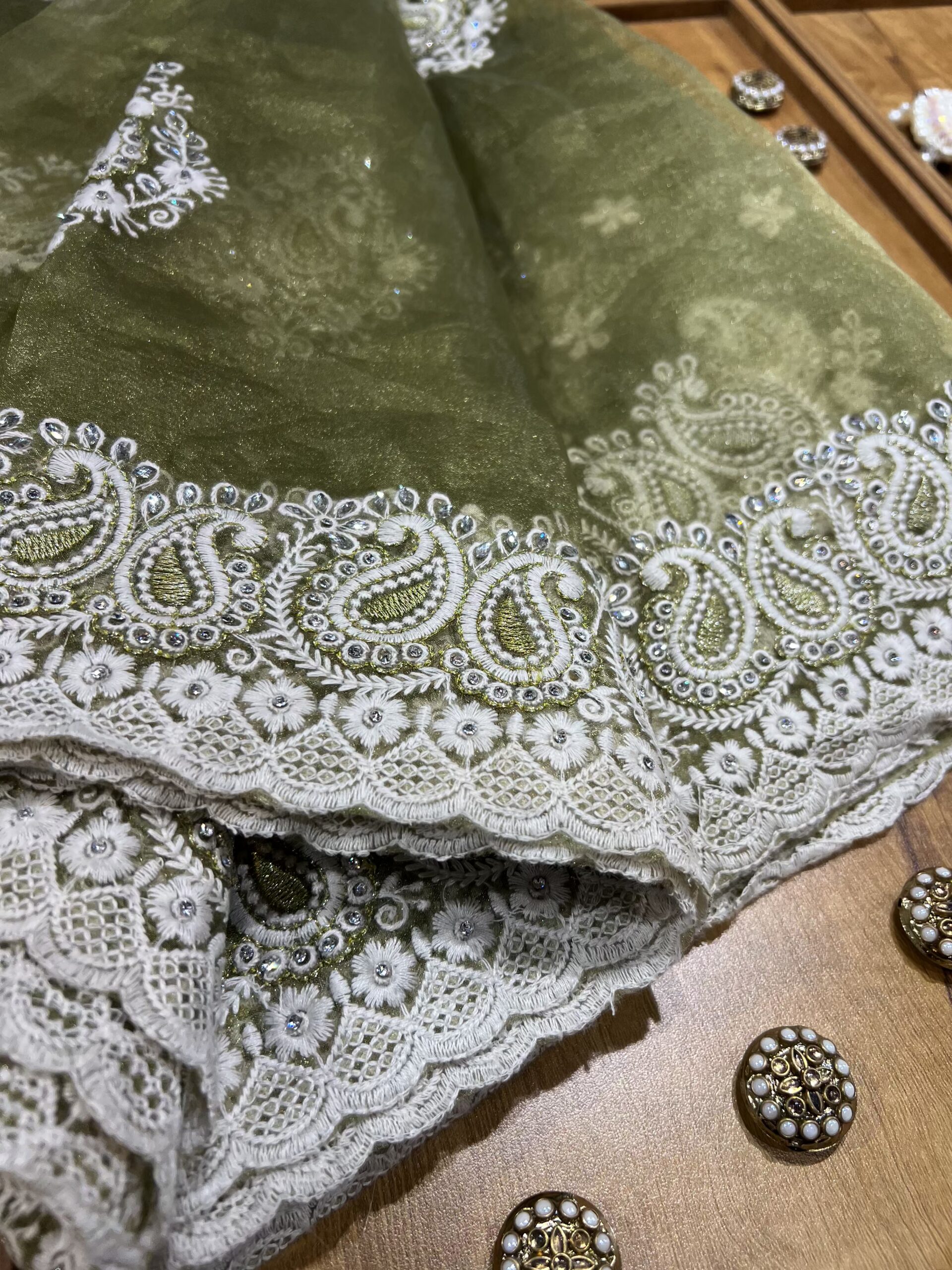 Olive Green Organza Chikankari Saree - Image 6