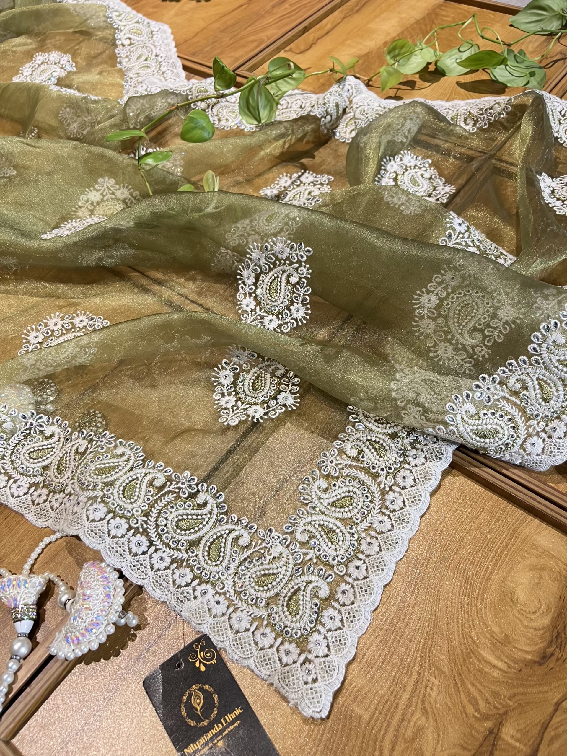 Olive Green Organza Chikankari Saree - Image 4