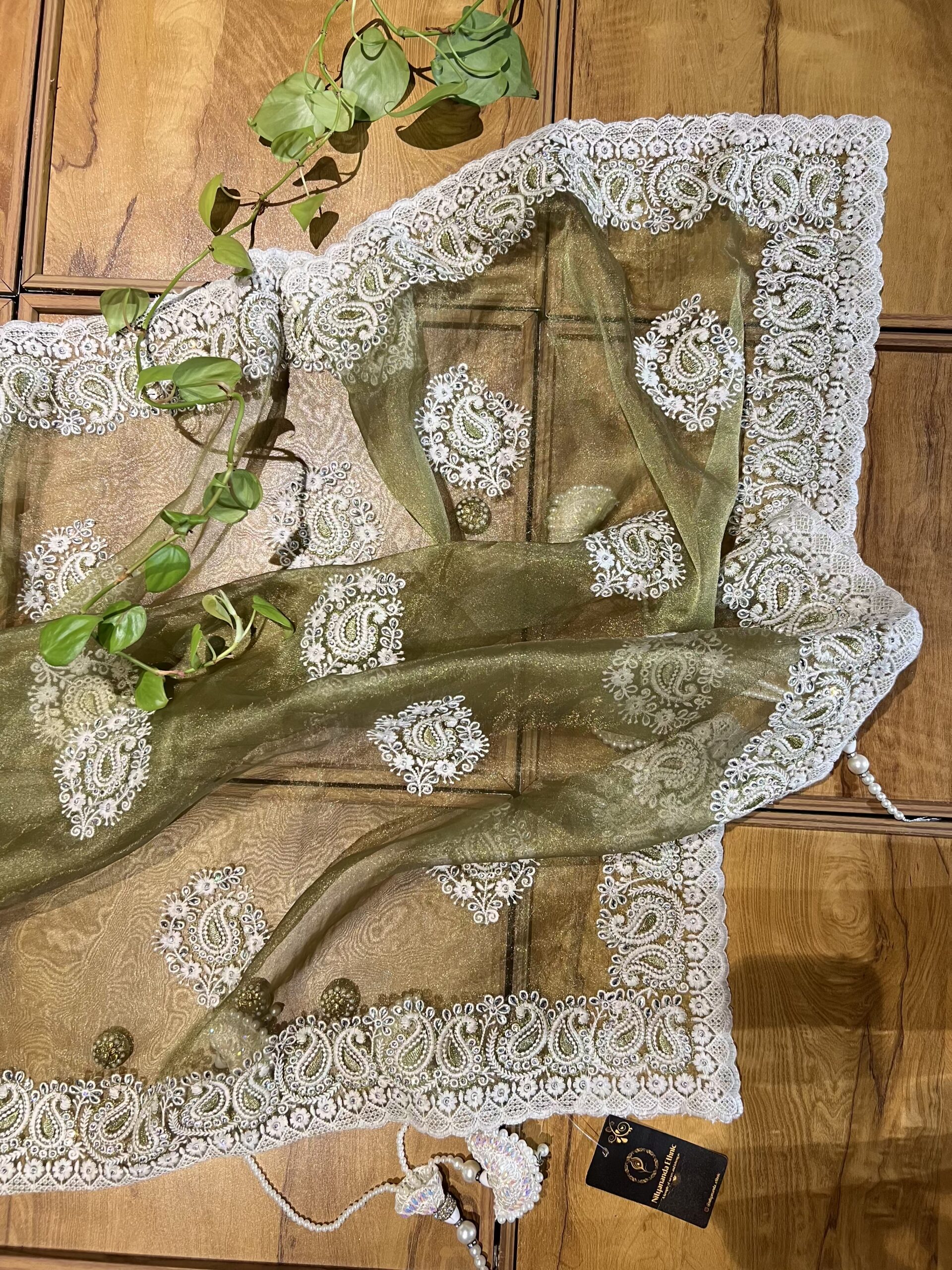 Olive Green Organza Chikankari Saree - Image 5