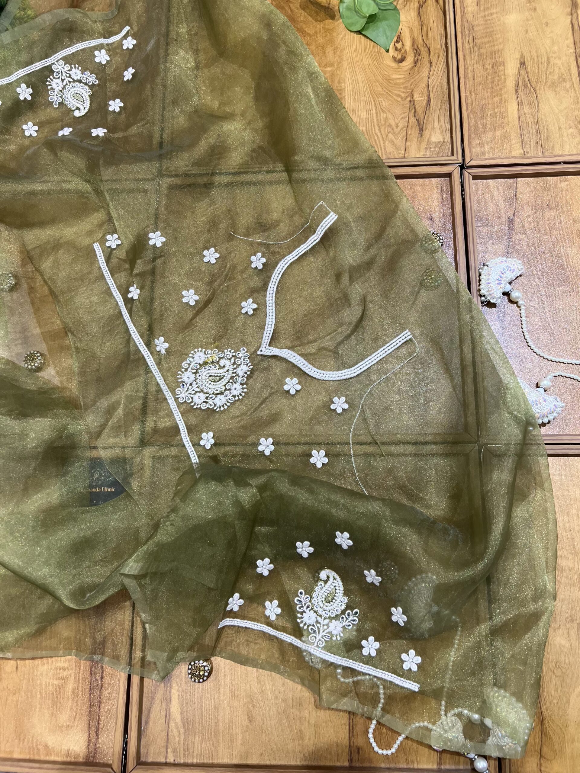 Olive Green Organza Chikankari Saree - Image 8