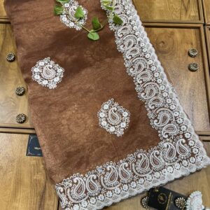 Copper Organza Chikankari Saree