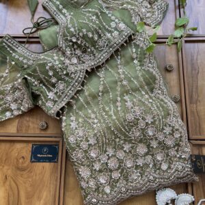 Grass Green Net Handcrafted Saree with Stitched Blouse