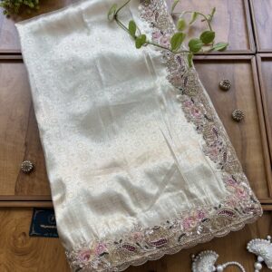 Ivory Gold Banarasi Silk Saree with Handcrafted Border