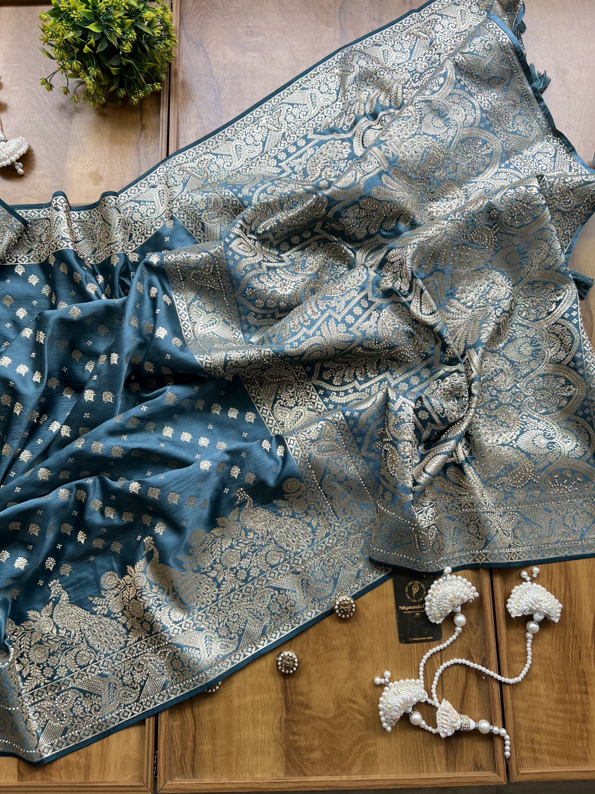 Cyan Blue Satin Silk Peacock Design Saree with Khaddi Work - Image 5