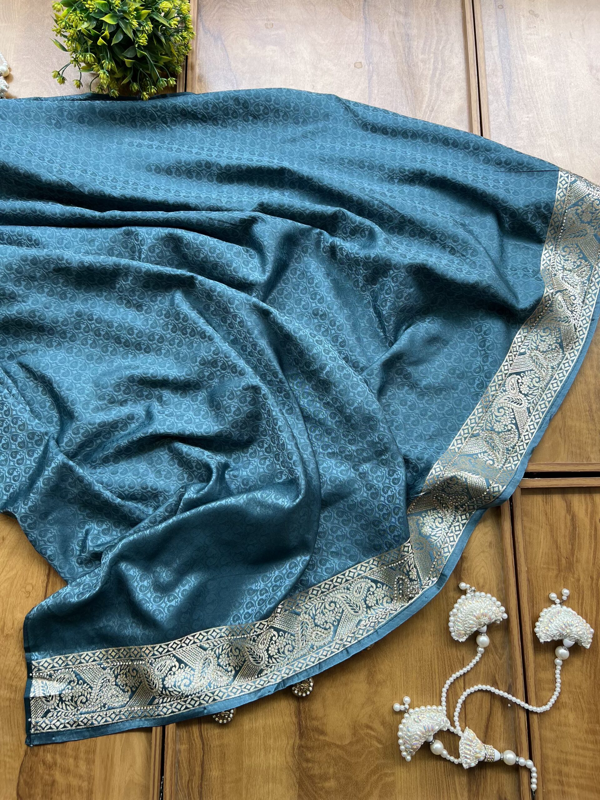 Cyan Blue Satin Silk Peacock Design Saree with Khaddi Work - Image 7