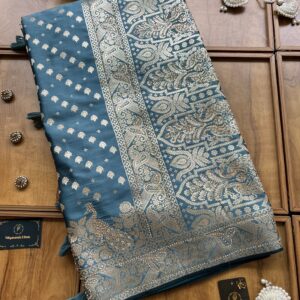 Cyan Blue Satin Silk Peacock Design Saree with Khaddi Work