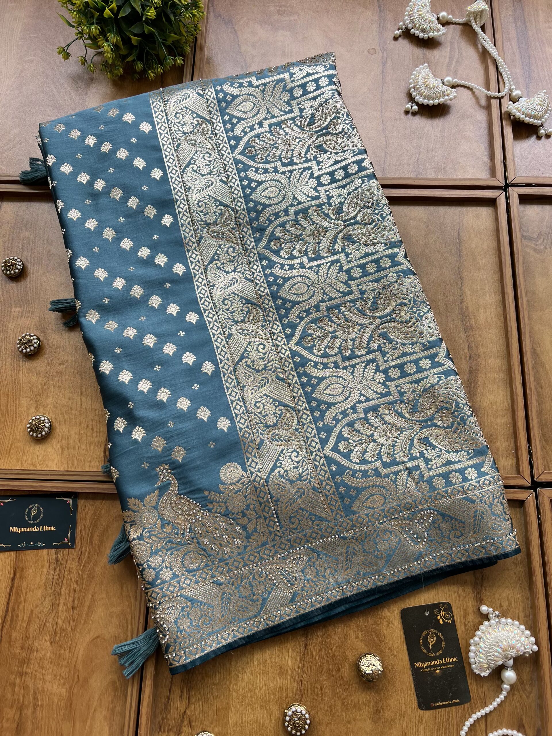 Cyan Blue Satin Silk Peacock Design Saree with Khaddi Work