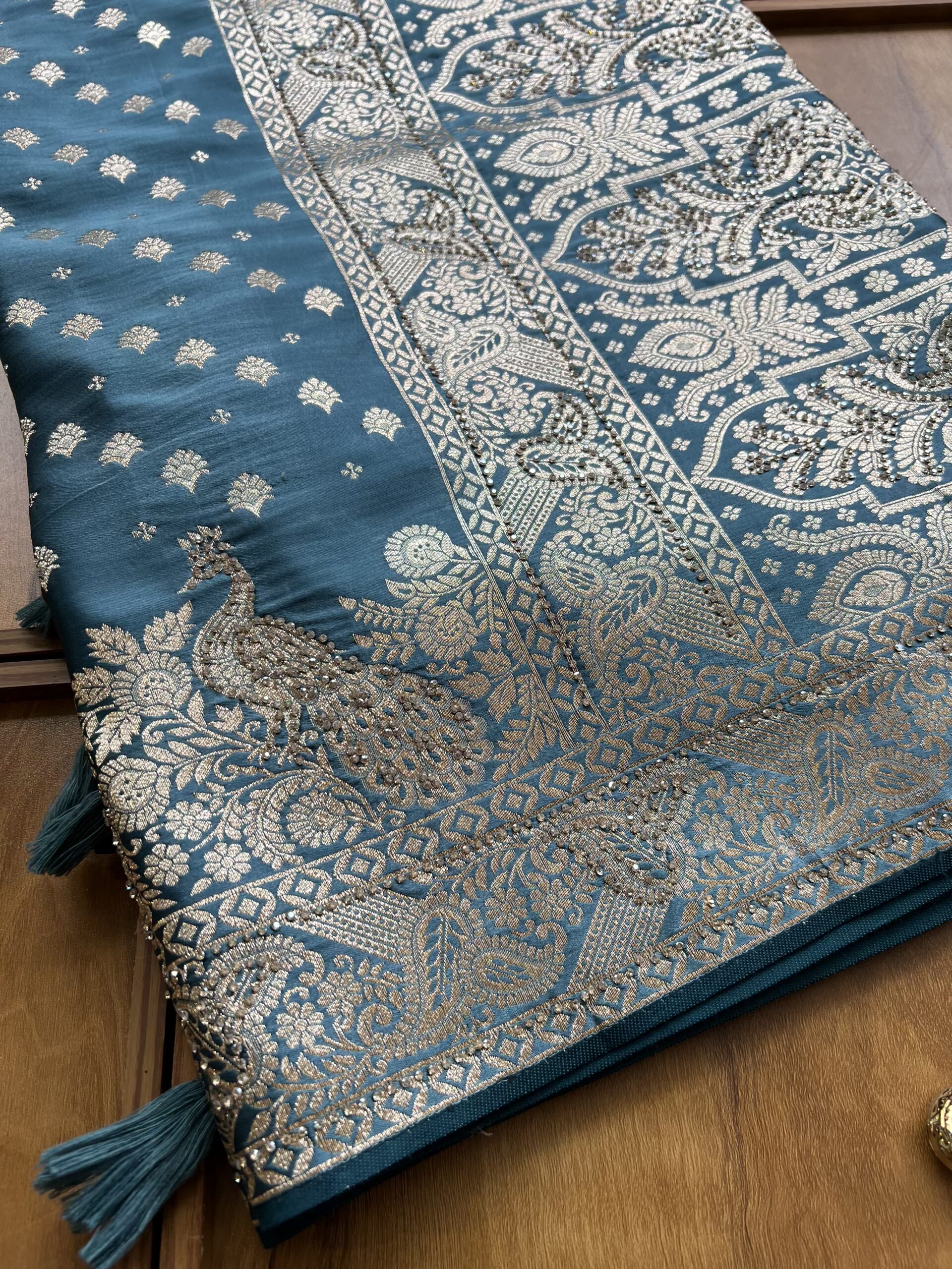 Cyan Blue Satin Silk Peacock Design Saree with Khaddi Work - Image 2