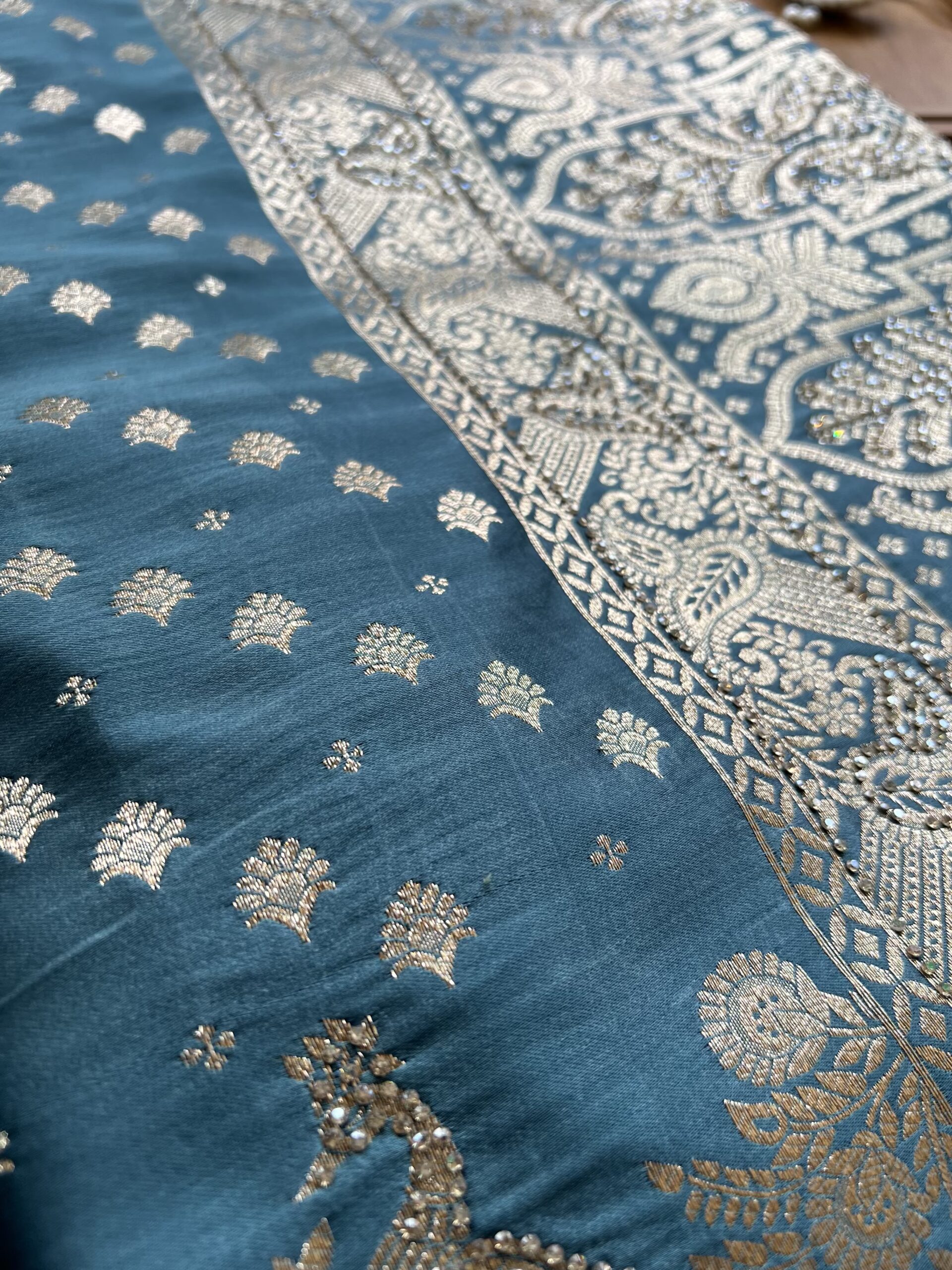 Cyan Blue Satin Silk Peacock Design Saree with Khaddi Work - Image 3