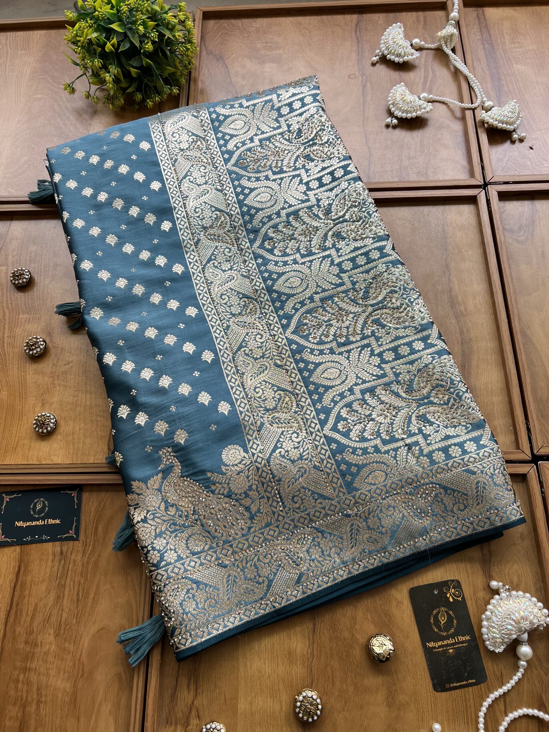 Cyan Blue Satin Silk Peacock Design Saree with Khaddi Work - Image 6