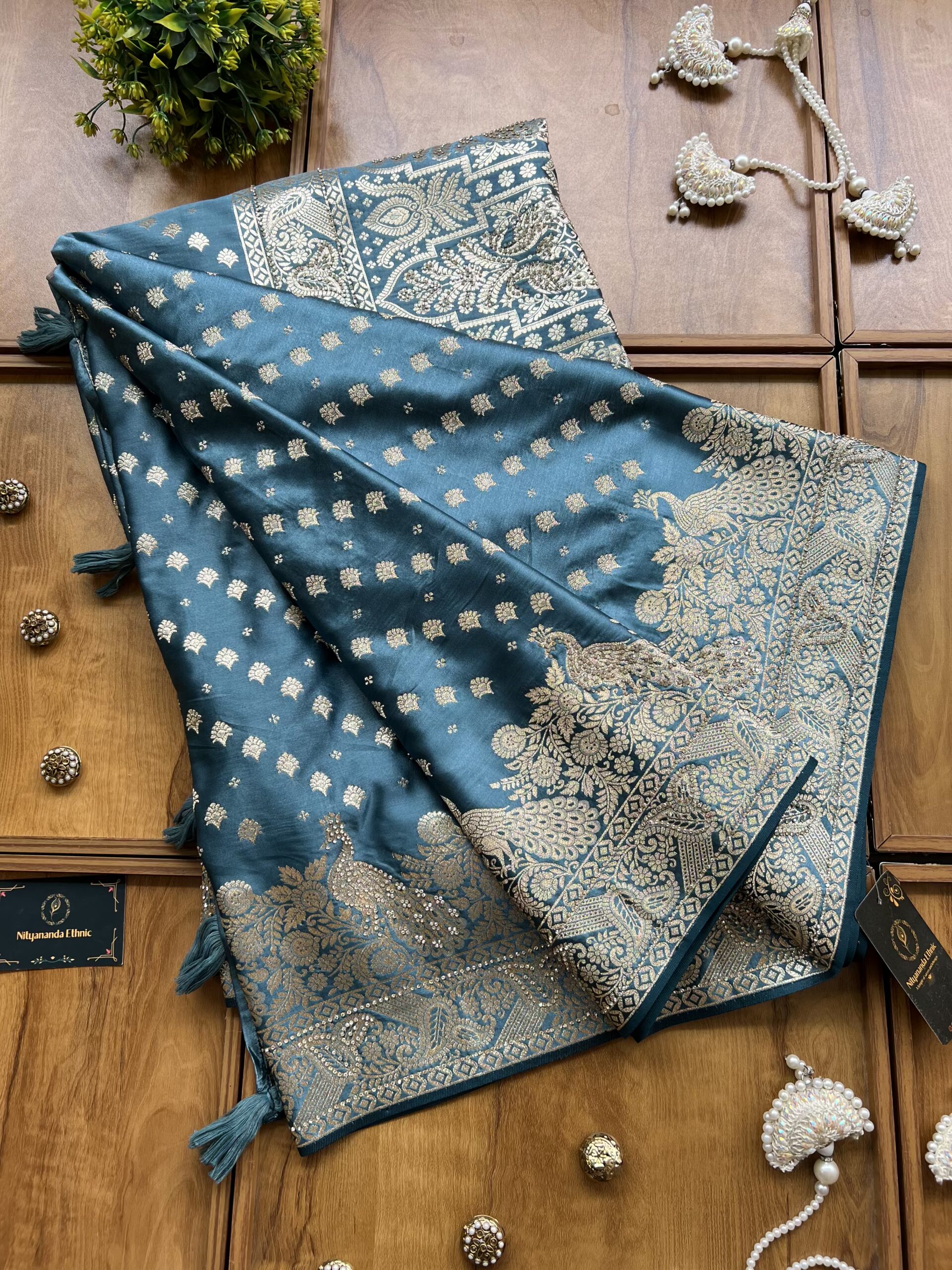 Cyan Blue Satin Silk Peacock Design Saree with Khaddi Work - Image 4