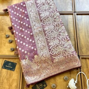 Peach Satin Silk Peacock Design Saree with Khaddi Work