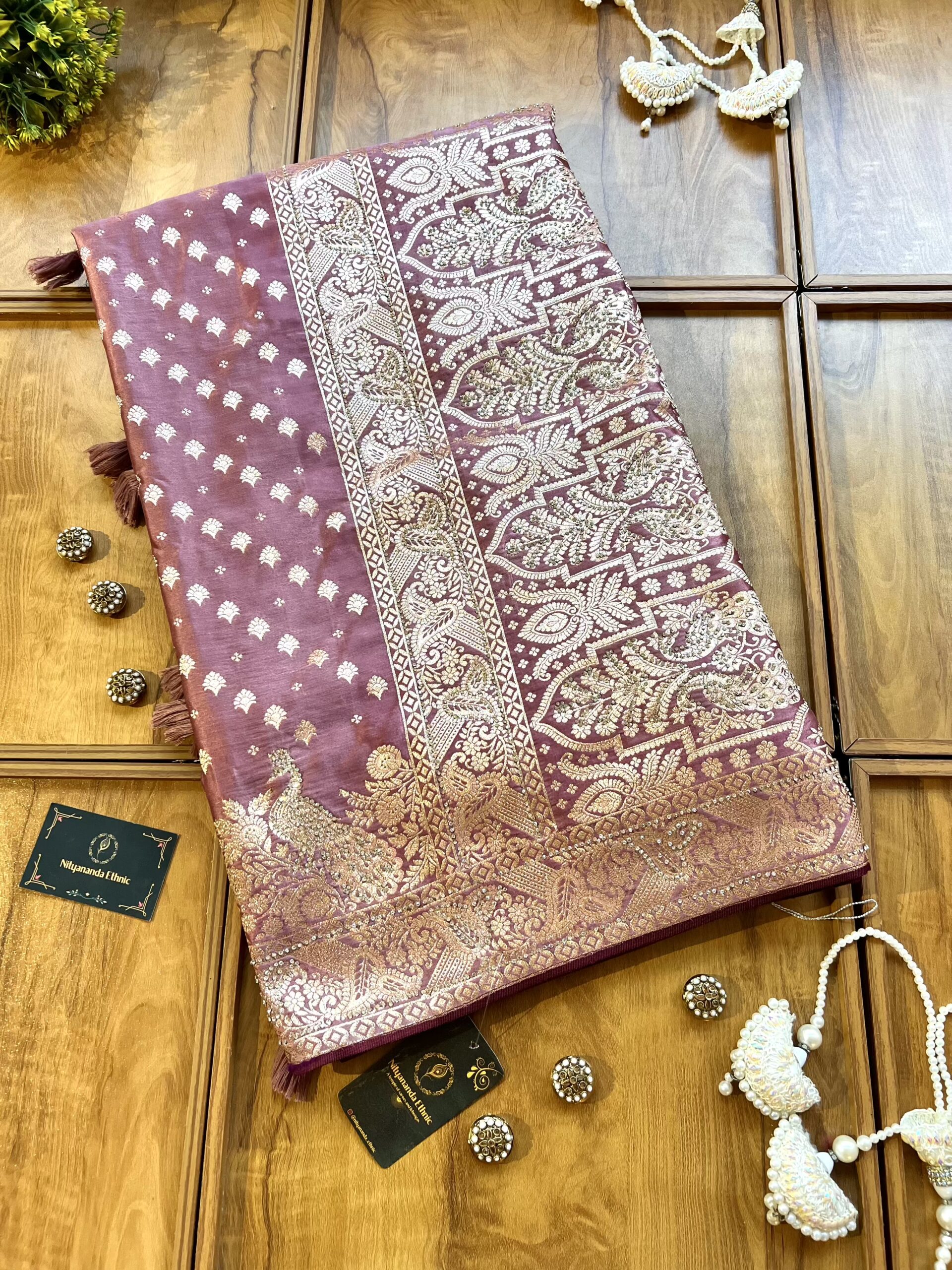Peach Satin Silk Peacock Design Saree with Khaddi Work