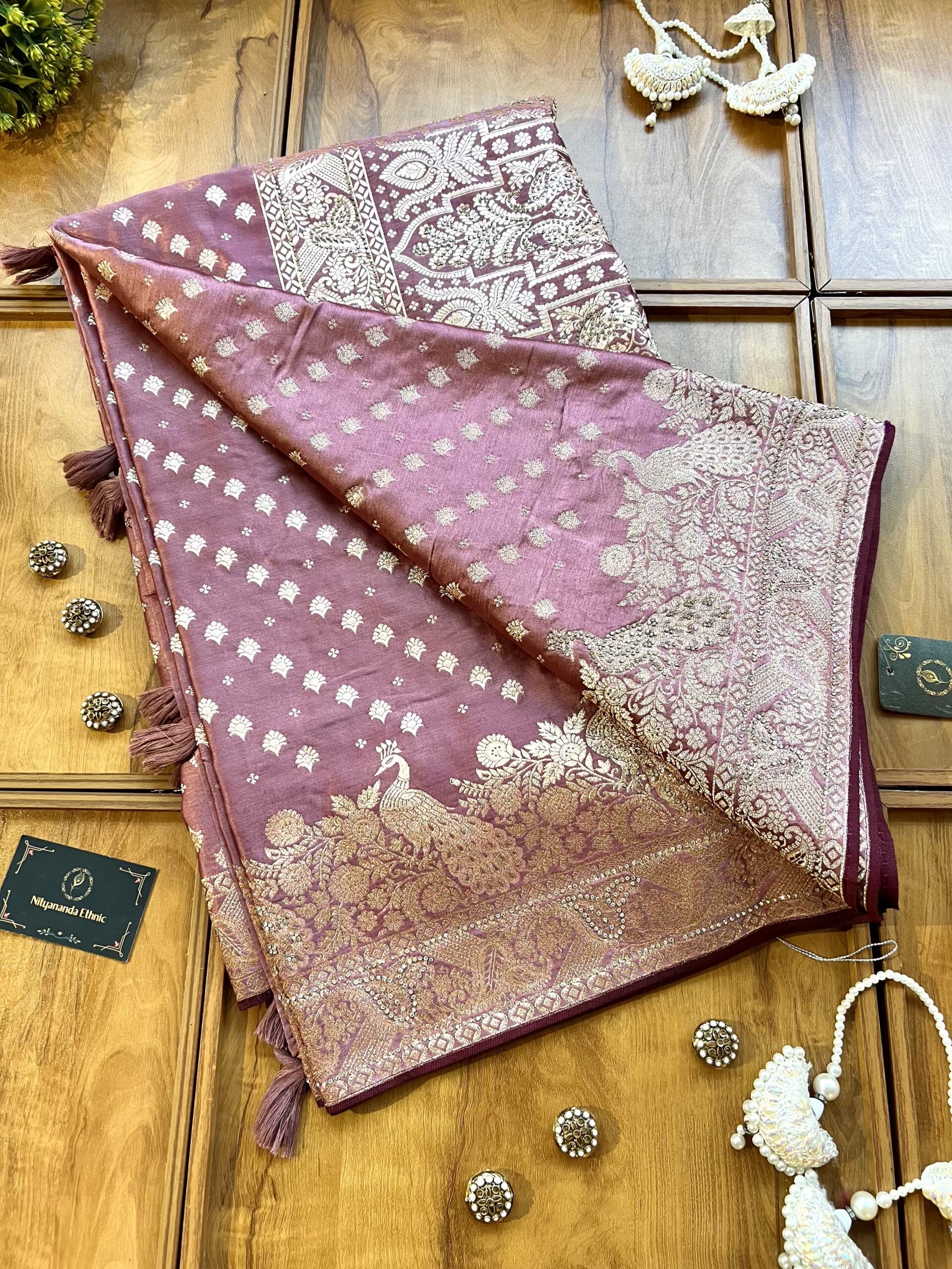 Peach Satin Silk Peacock Design Saree with Khaddi Work - Image 3