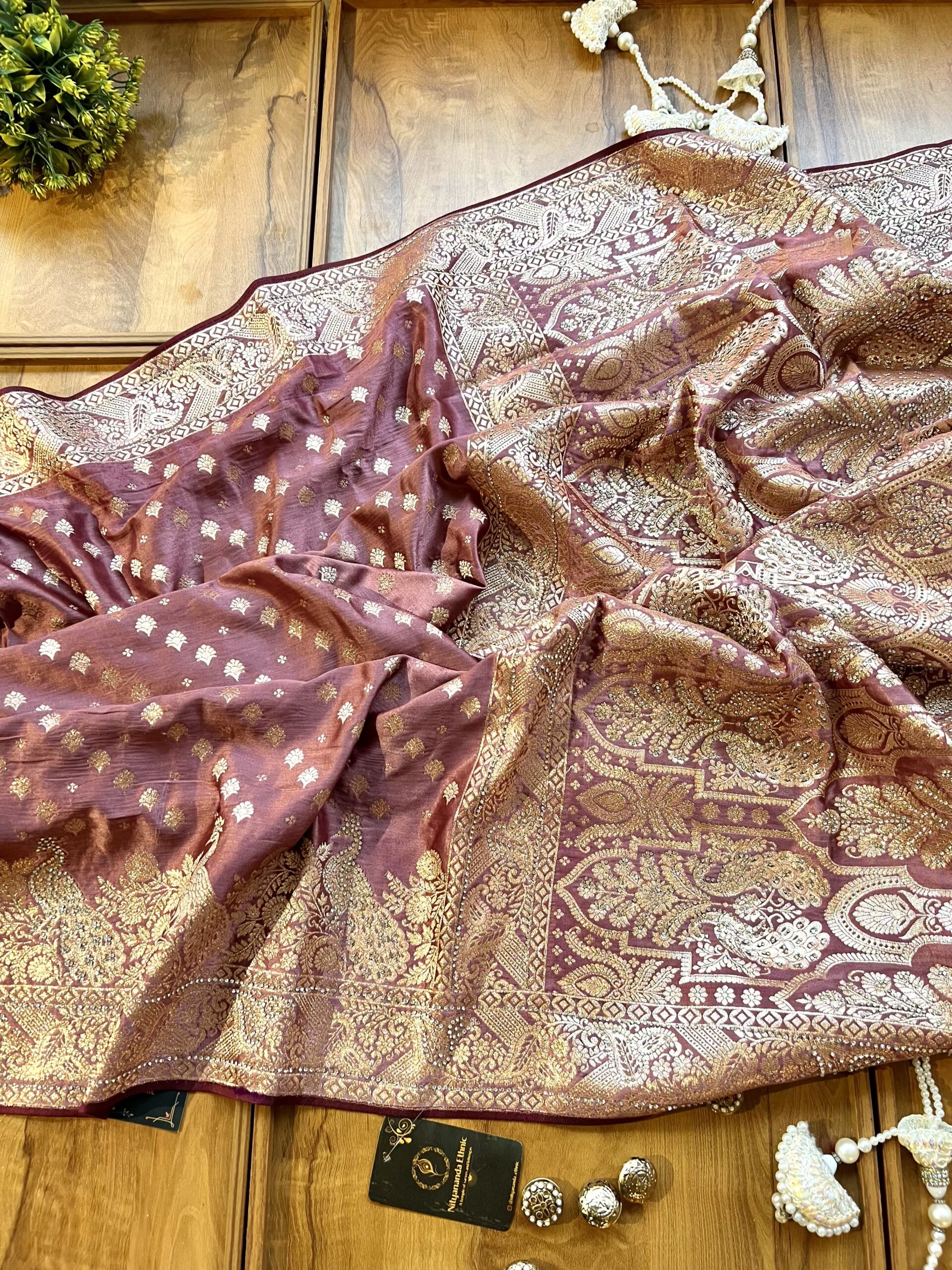 Peach Satin Silk Peacock Design Saree with Khaddi Work - Image 4