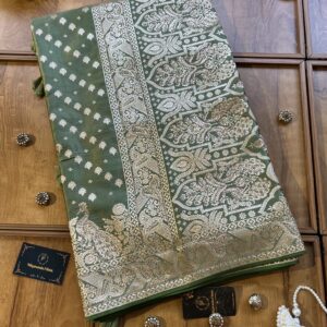 Pistachio Satin Silk Peacock Design Saree with Khaddi Work