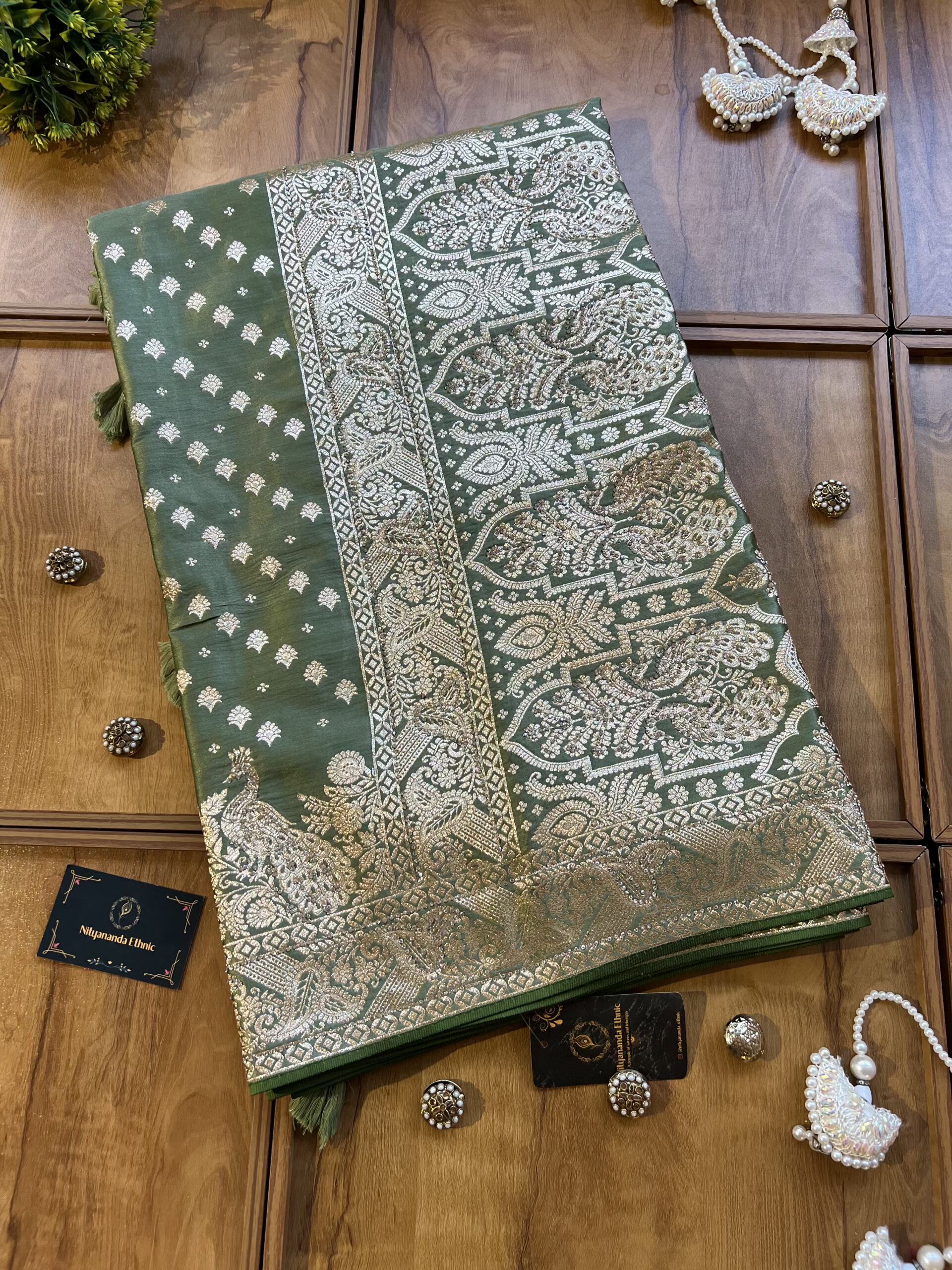 Pistachio Satin Silk Peacock Design Saree with Khaddi Work