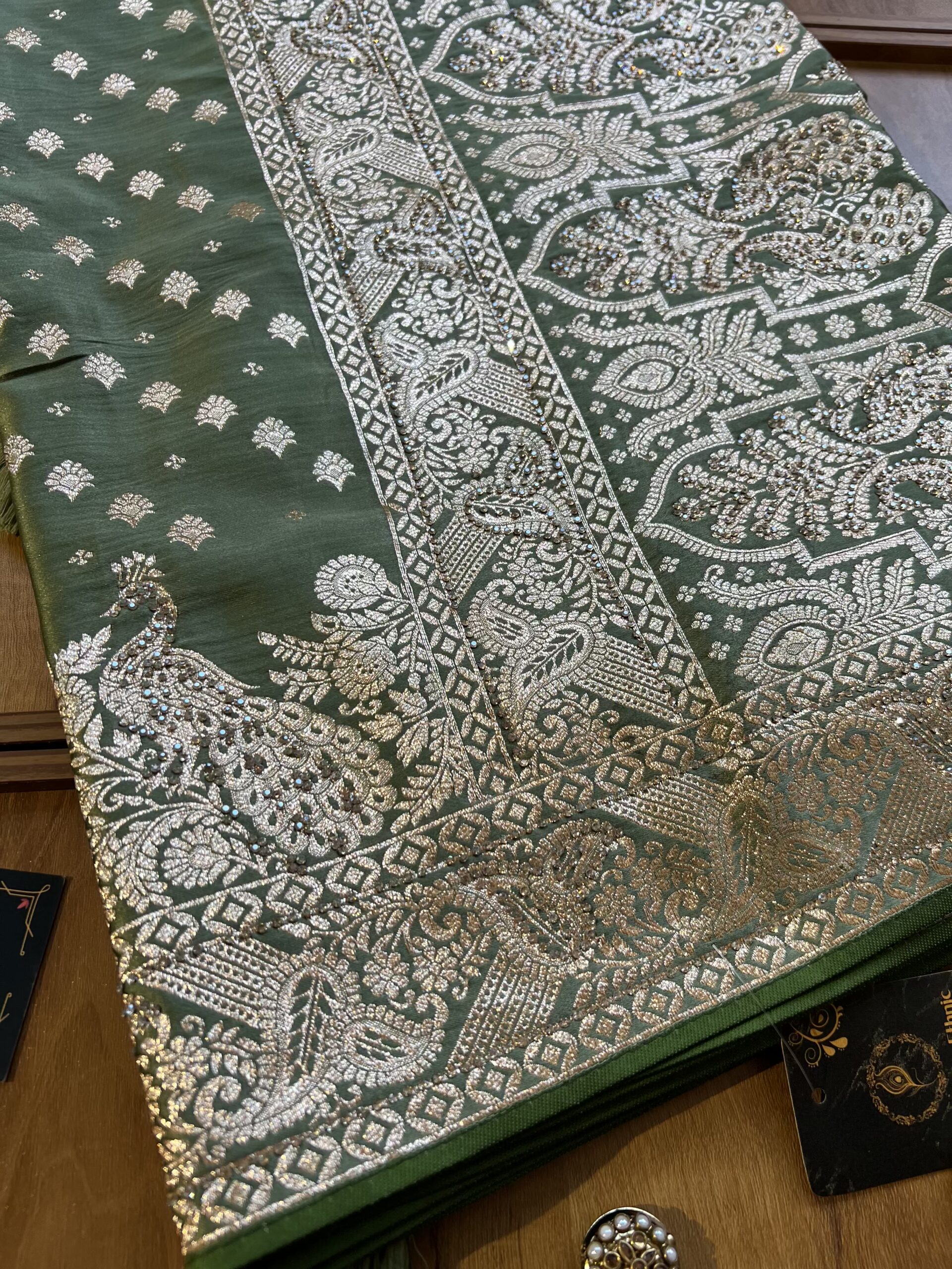Pistachio Satin Silk Peacock Design Saree with Khaddi Work - Image 2