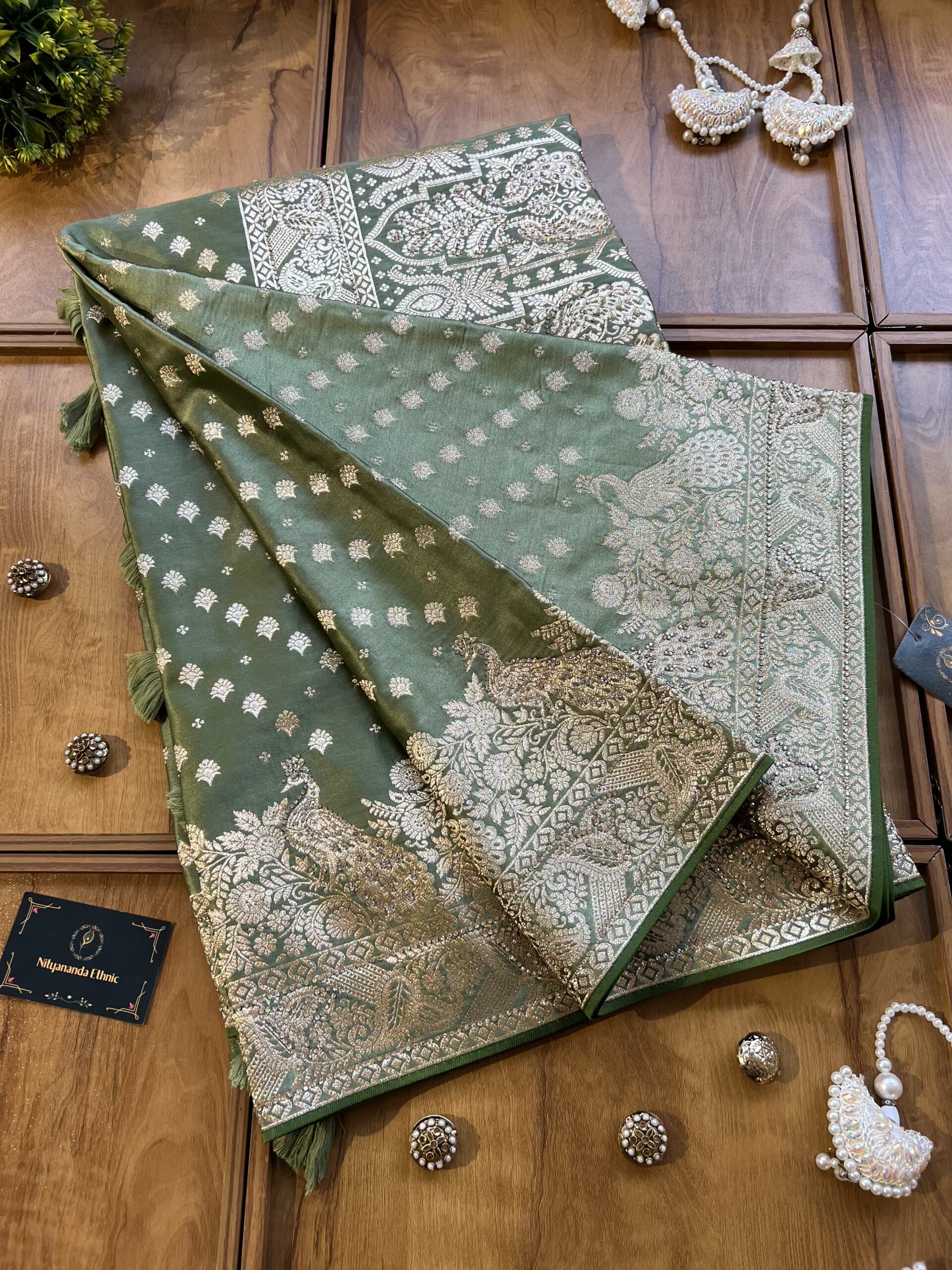 Pistachio Satin Silk Peacock Design Saree with Khaddi Work - Image 3